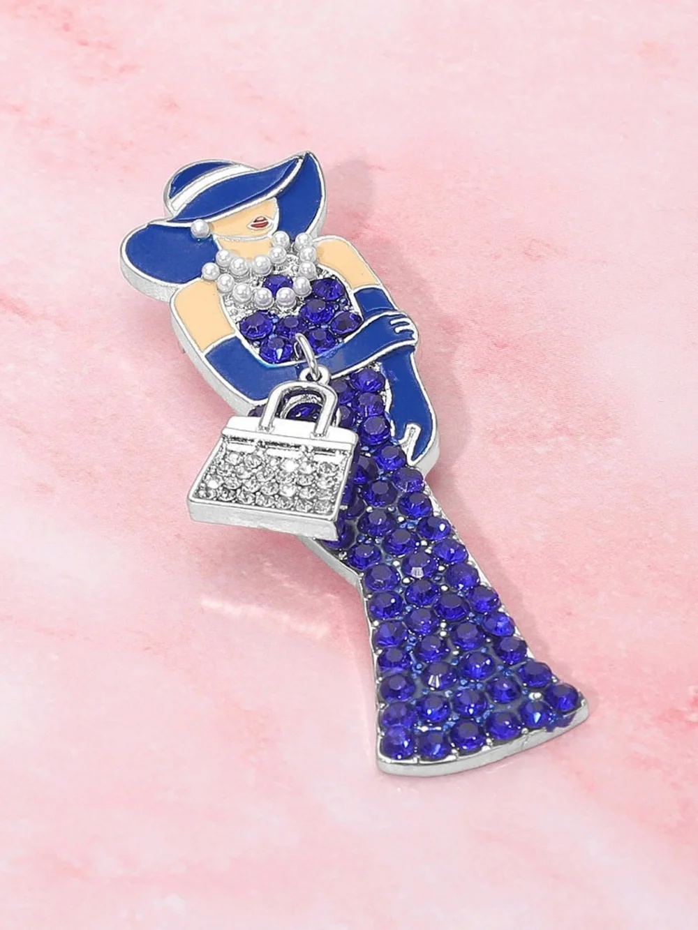Chic Silver Sapphire Rhinestone Pearls Lady Brooch Pin Elegant Glam Hat Handbag